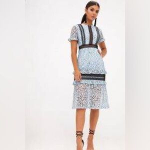 PrettyLittleThing Women’s Dusty Blue Lace Ruffle‎ Detail Midi Dress Size 8 New